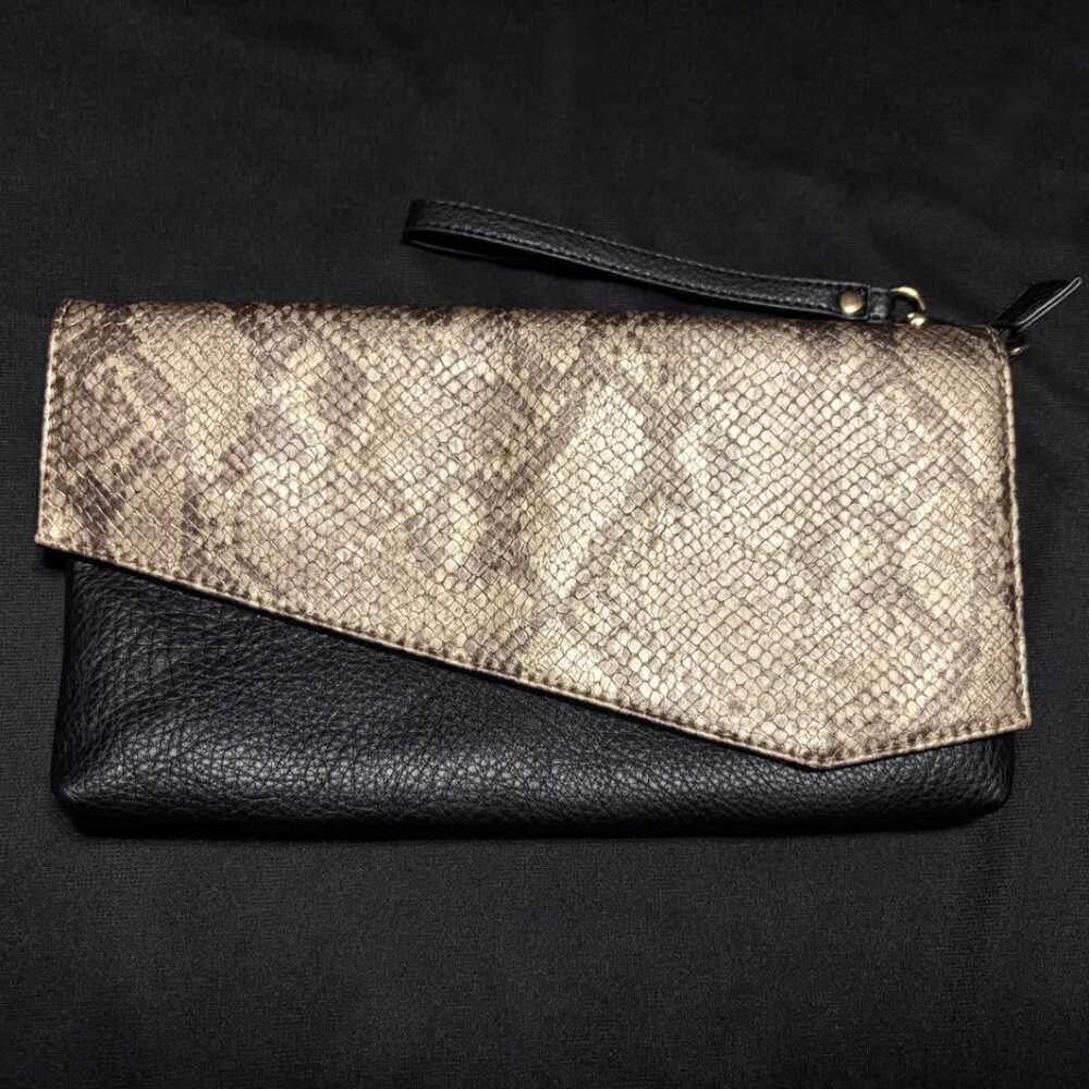 Jen & Co Clutch w/Snakeskin Print Flapover Faux Leather Wristlet 90s‎ Y2K EUC